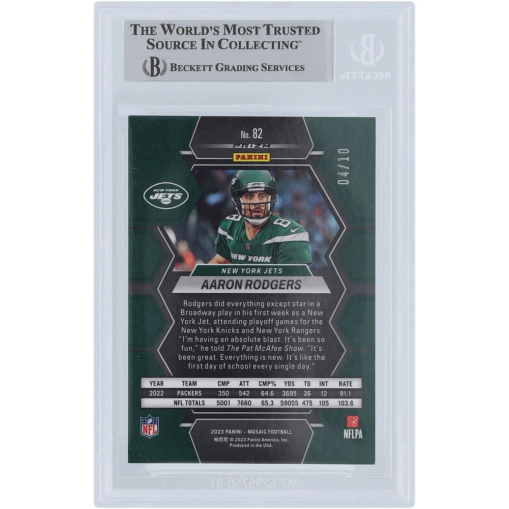Aaron Rodgers New York Jets Autographed 2023 Panini Mosaic Green Fluorescent Mosaic #82 #/10 Beckett Fanatics Witnessed Authenticated Card