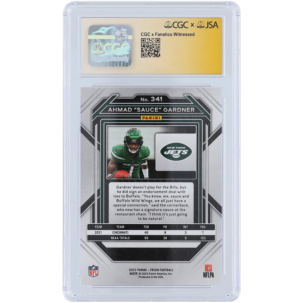 Ahmad Sauce Gardner New York Jets Autographed 2022 Panini Prizm #341 CGC Fanatics Witnessed Authenticated Rookie Card