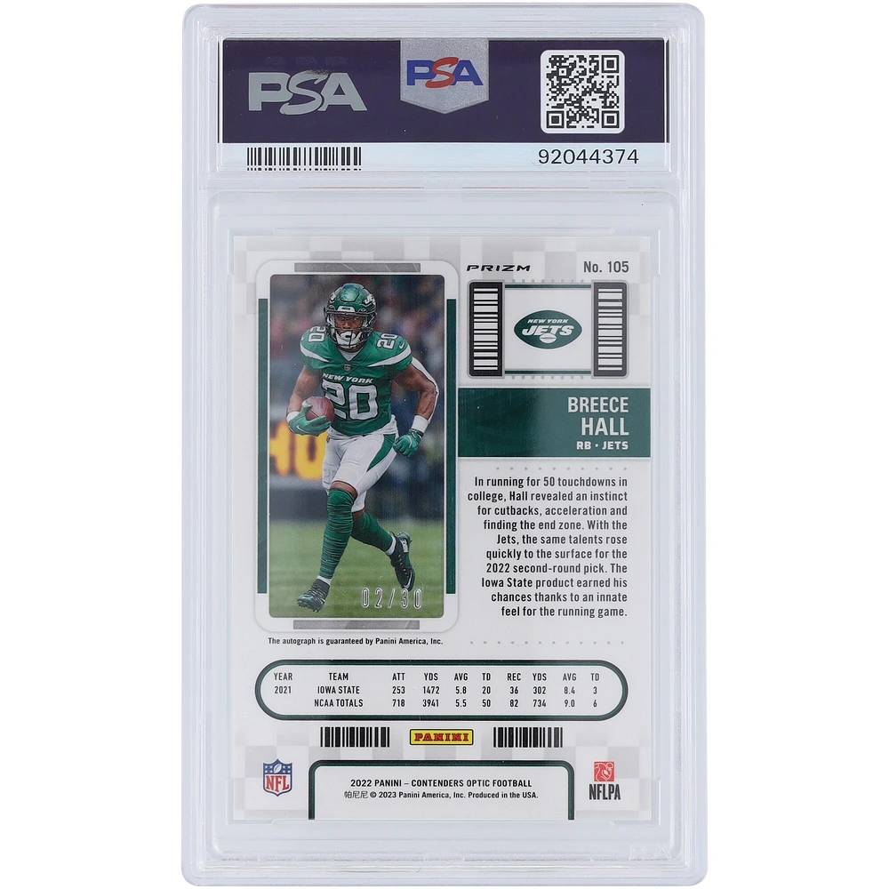 Carte de recrue authentifiée 9 PSA #105 #2/30 des Panini Contenders Optic Green Pulsar Prizm 2022 autographiée par Breece Hall des New York Jets