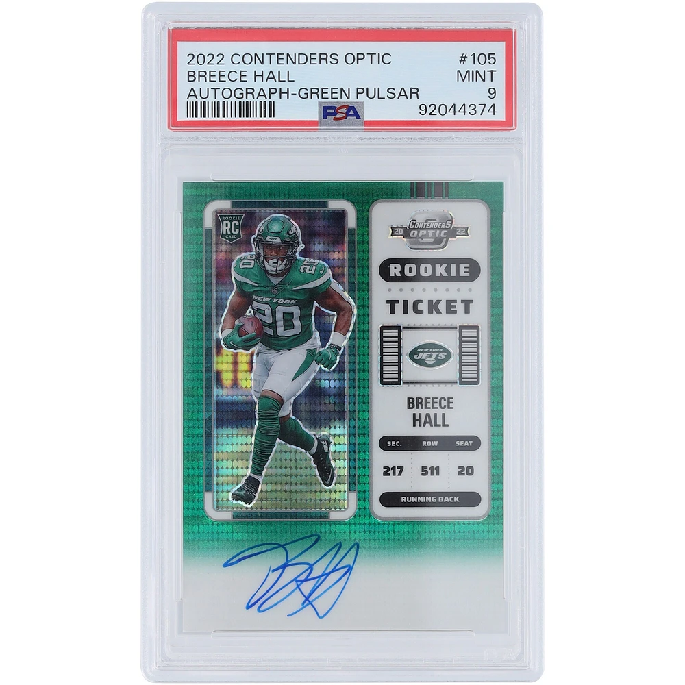 Carte de recrue authentifiée 9 PSA #105 #2/30 des Panini Contenders Optic Green Pulsar Prizm 2022 autographiée par Breece Hall des New York Jets