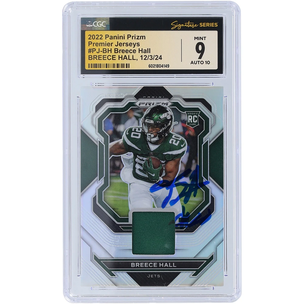 Maillot Panini Prizm Premier 2022 dédicacé par Breece Hall des New York Jets #PJ-BH Carte recrue 9/10 authentifiée par les fanatiques de CGC