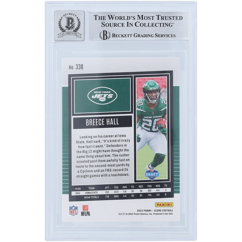Carte de recrue 9/10 authentifiée signée Breece Hall New York Jets 2022 Panini Score #330 Beckett Fanatics Witnessed