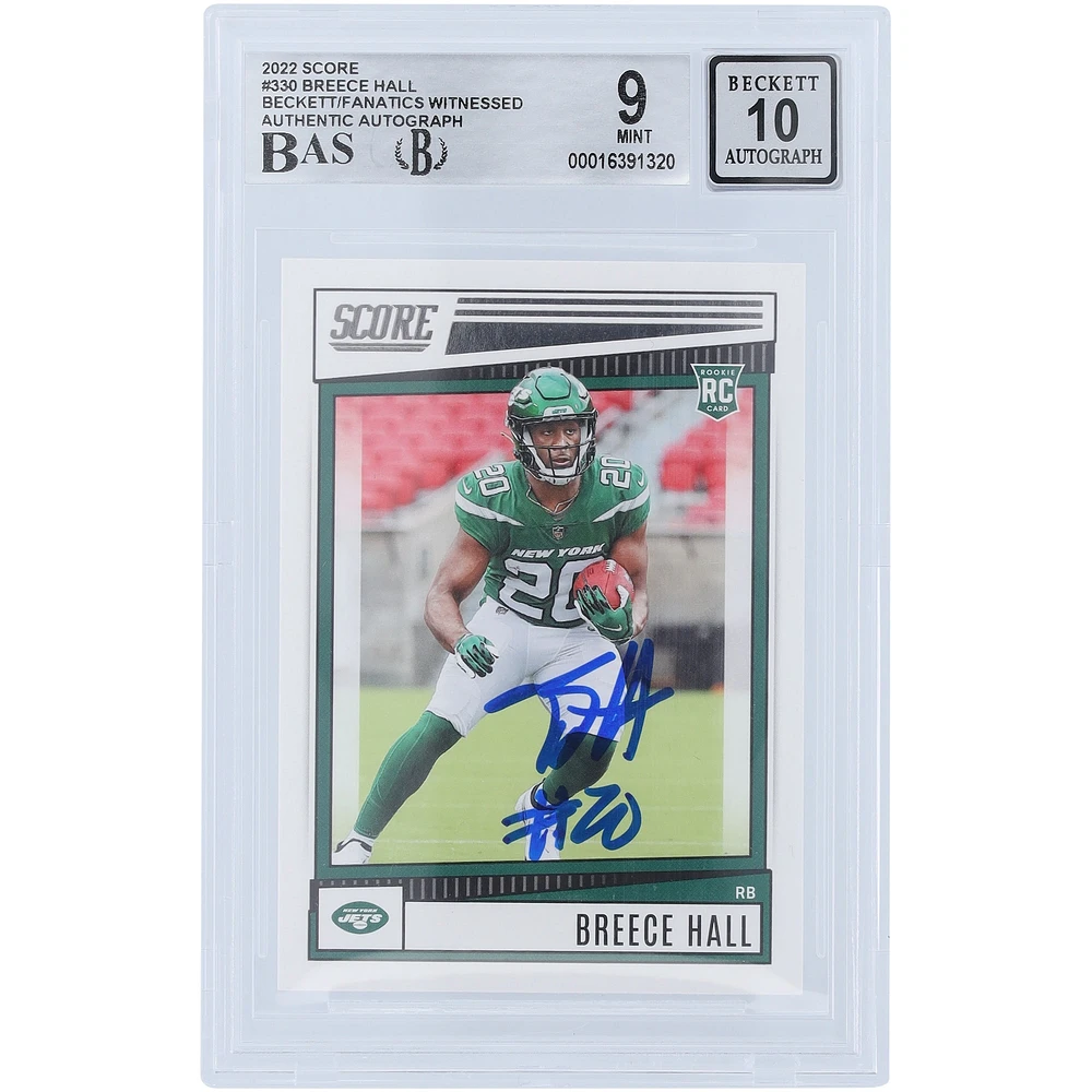 Carte de recrue 9/10 authentifiée signée Breece Hall New York Jets 2022 Panini Score #330 Beckett Fanatics Witnessed