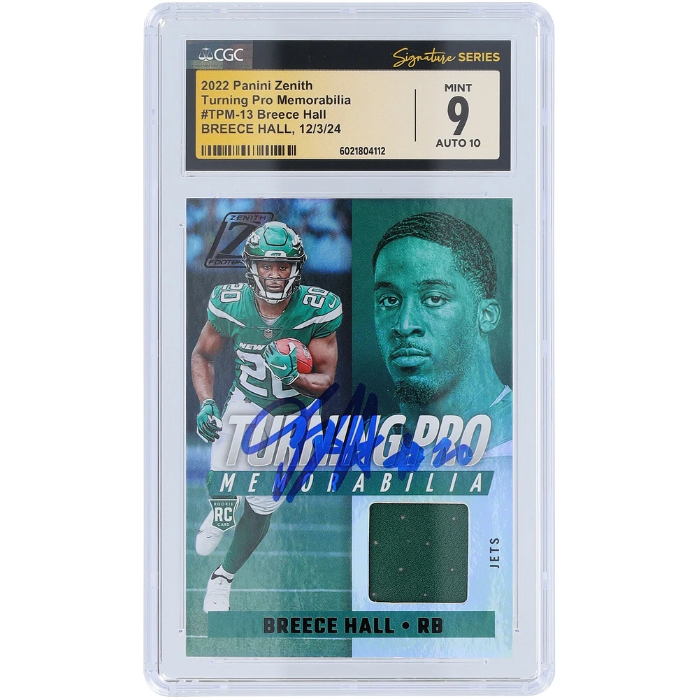 Maillot souvenir Panini Zenith Turning Pro 2022 autographié par Breece Hall des New York Jets #TPM-13 CGC Fanatics a été témoin d'une carte recrue authentifiée 9/10