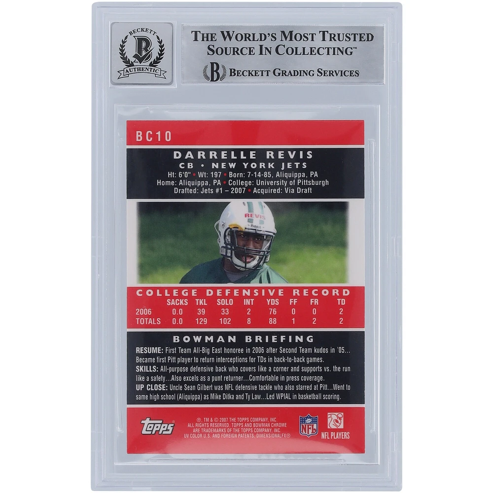 Darrelle Revis New York Jets Autographié 2007 Bowman Chrome #BC10 Beckett Fanatics Witnessed Authentifié 9/10 Rookie Card avec l'inscription "HOF '23"