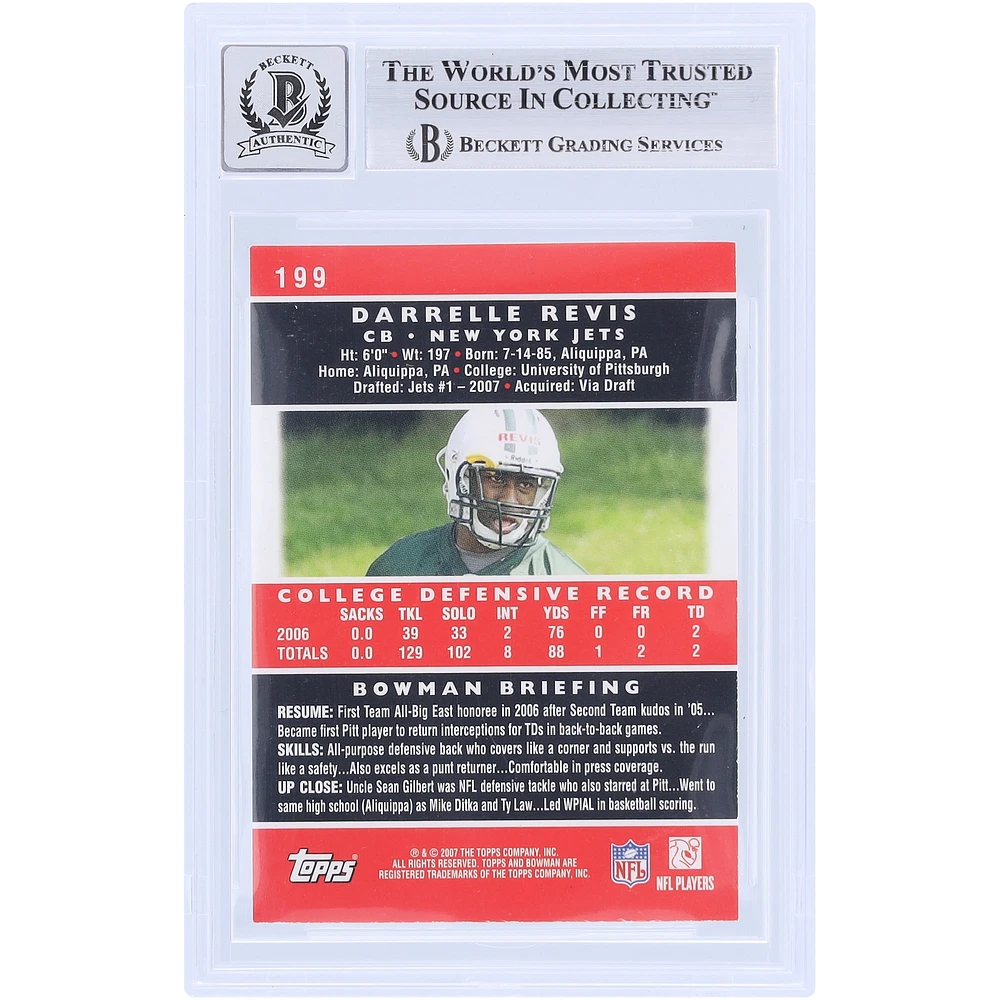 Darrelle Revis New York Jets Autographed 2007 Bowman #199 Beckett Fanatics Witnessed Authenticated 10 Rookie Card