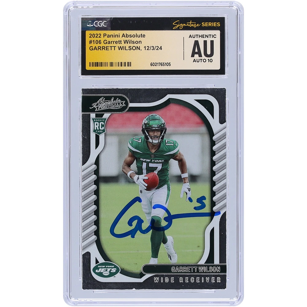 Carte de recrue Auto 10 autographiée Panini Absolute #106 2022 de Garrett Wilson par les New York Jets, CGC Fanatics Witnessed Authenticated
