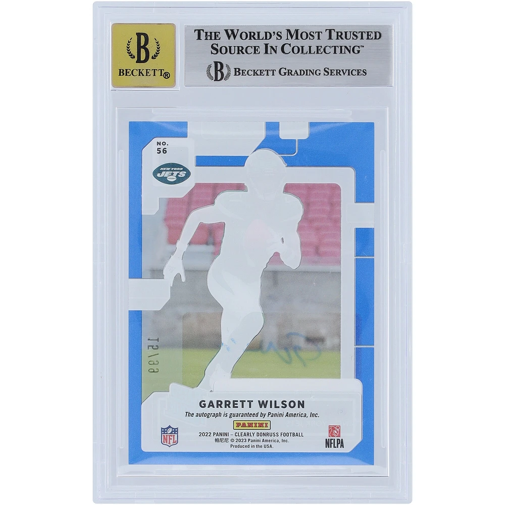 Carte de recrue authentifiée 8,5/10 Panini Clearly Donruss Blue Variation #56 #15/99 BGS 2022 autographiée par Garrett Wilson des New York Jets