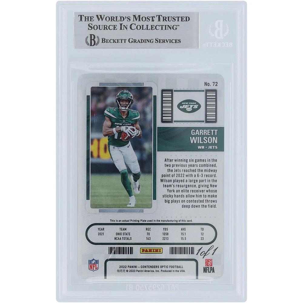 Garrett Wilson New York Jets Autographed 2022 Panini Contenders Optic Yellow Printing Plate #72 #1/1 Beckett Fanatics Witnessed Authenticated Rookie Card 