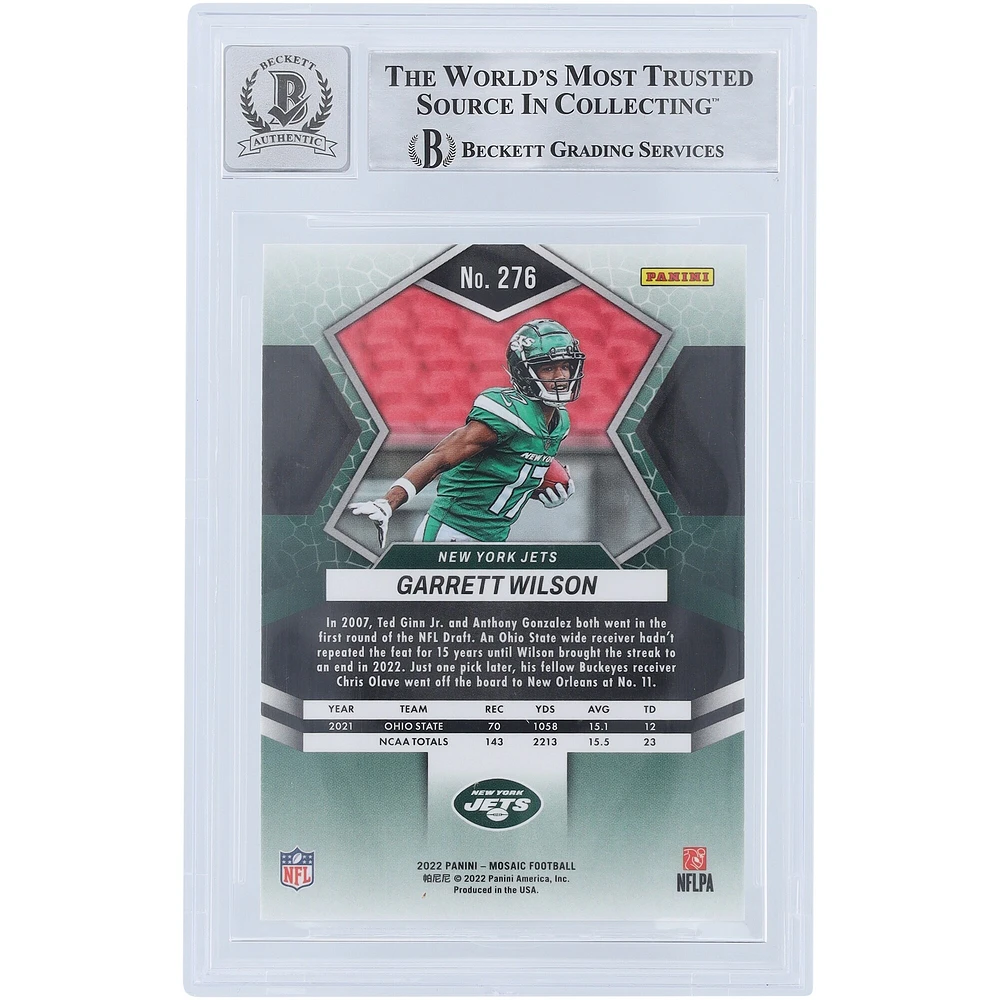 Carte de recrue 9/10 authentifiée signée Garrett Wilson New York Jets Panini Mosaic NFL Debut #276 Beckett Fanatics Witnessed 2022