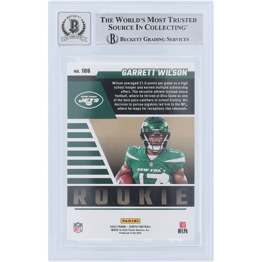 Carte de recrue 9/10 authentifiée 2022 Panini Zenith Red Zone #106 de Beckett dédicacée par Garrett Wilson des New York Jets avec l'inscription « 2022 OROY »