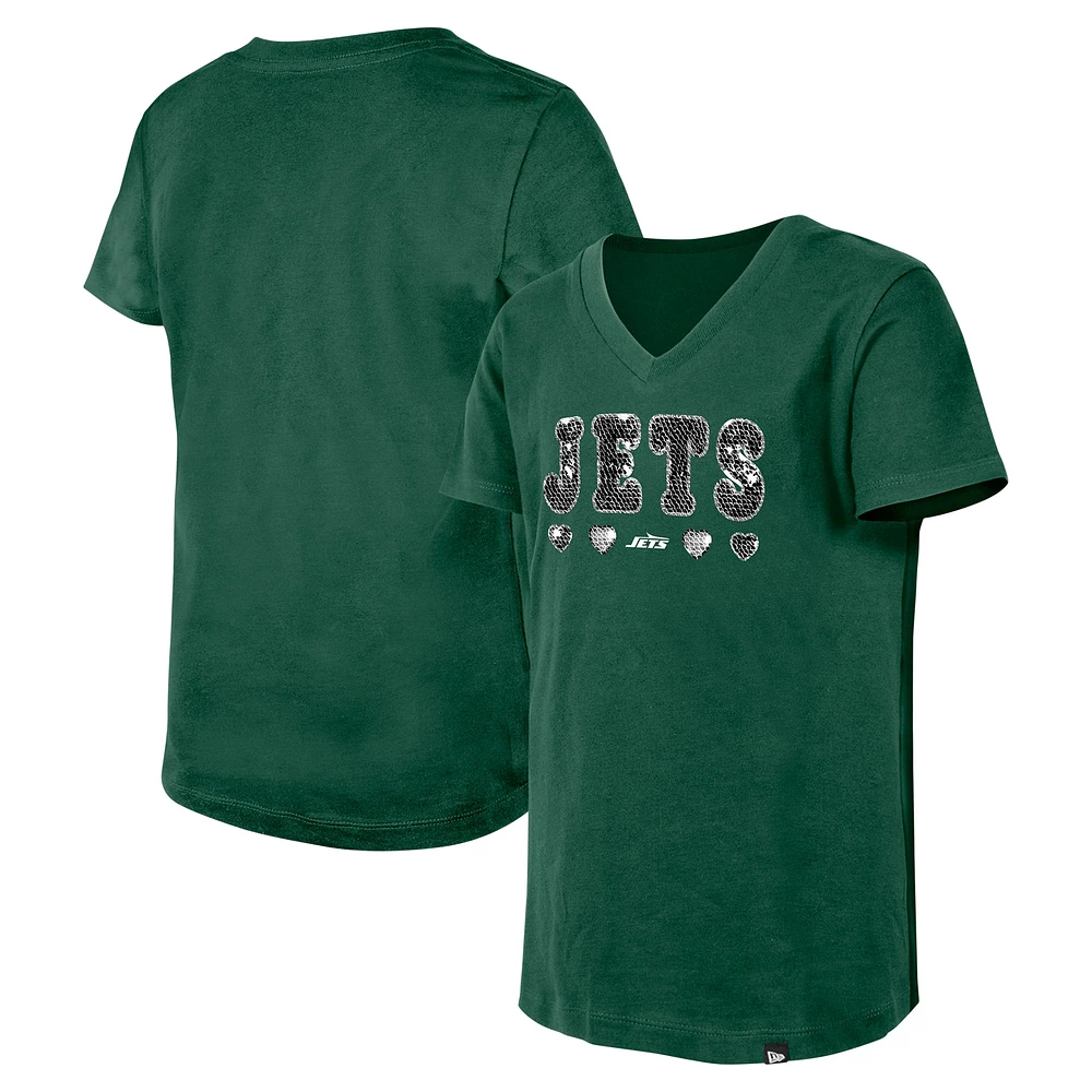 T-shirt col en V à sequins New York Jets vert Era pour fille