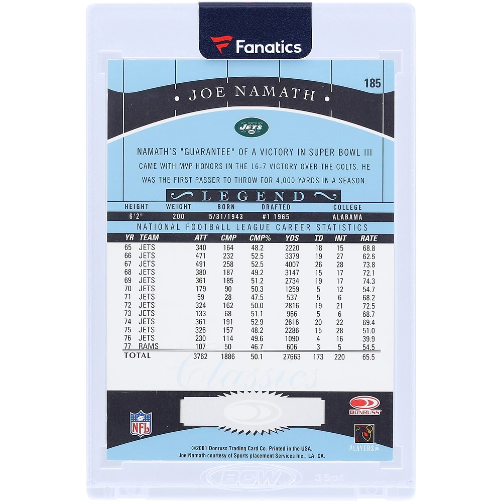 Carte autographiée Donruss Classics Significant Signatures n° 185 de 2001 par Joe Namath des New York Jets