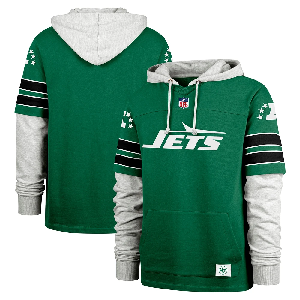 Men's '47 Kelly Green New York Jets  Throwback Double Header Blitz Cornerback Pullover Hoodie