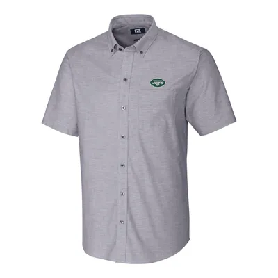 New York Jets Cutter & Buck Logo Stretch Oxford Woven Button-Down Short Sleeve Shirt - Charcoal