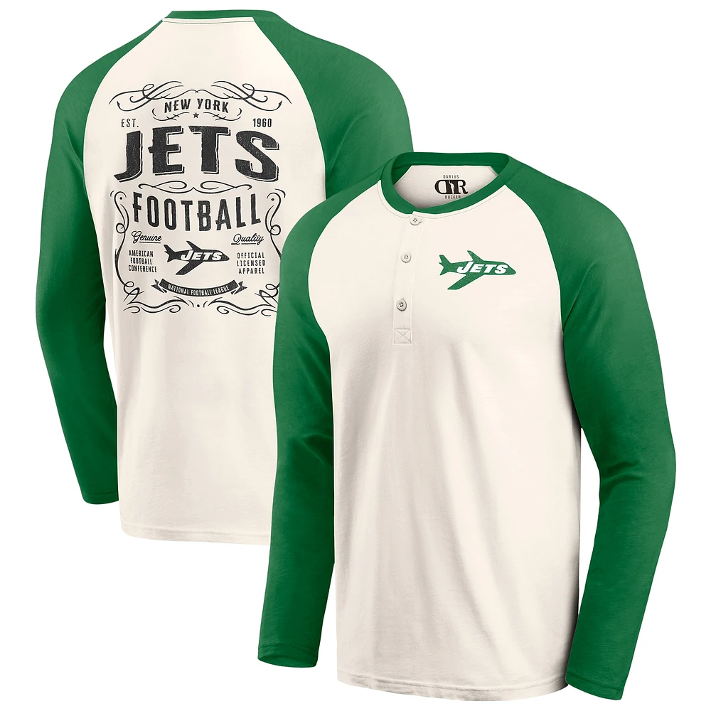 T-shirt à manches longues raglan Henley pour homme de la collection Darius Rucker Fanatics, couleur crème/vert, des New York Jets