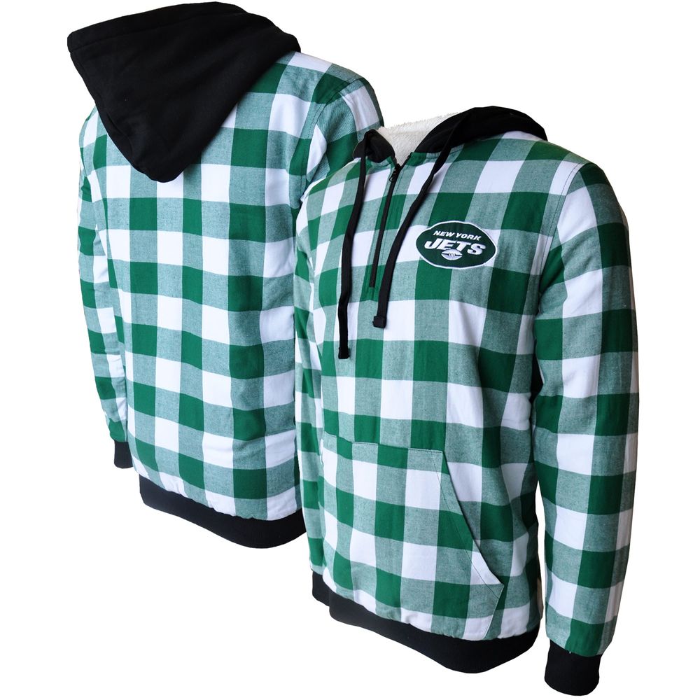 FOCO Men's Green/Gray New York Jets Large Check Flannel Sherpa Quarter-Zip  - Pullover Hoodie