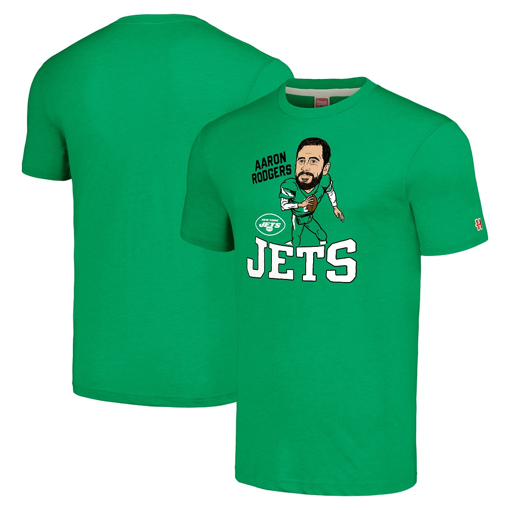 T-shirt à trois mélanges pour hommes, hommage Aaron Rodgers, vert chiné, joueur de caricature des New York Jets