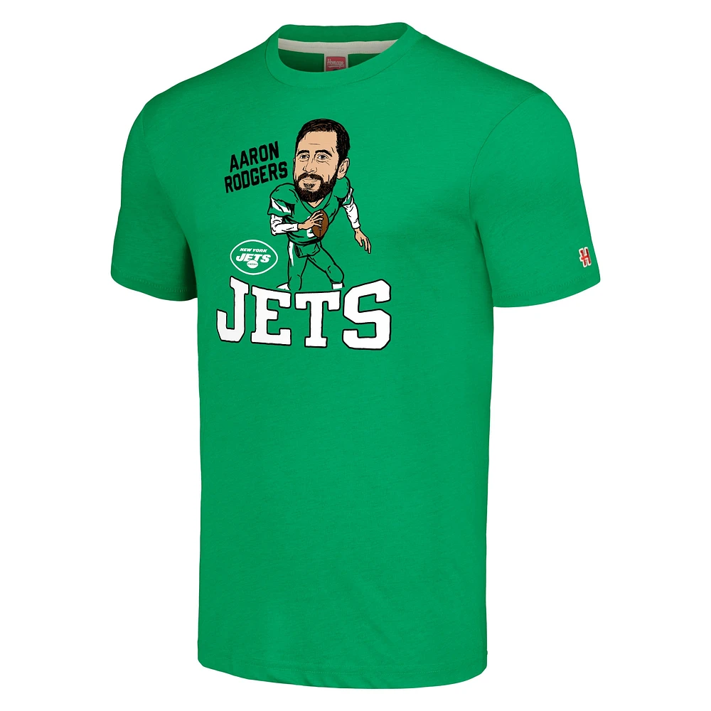 T-shirt à trois mélanges pour hommes, hommage Aaron Rodgers, vert chiné, joueur de caricature des New York Jets