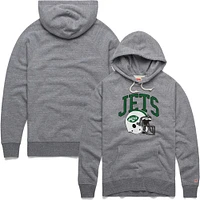 Men's Homage Gray New York Jets Retro Helmet Raglan Pullover Tri-Blend Hoodie