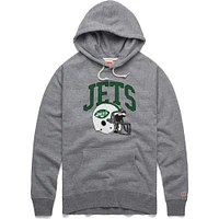 Men's Homage Gray New York Jets Retro Helmet Raglan Pullover Tri-Blend Hoodie