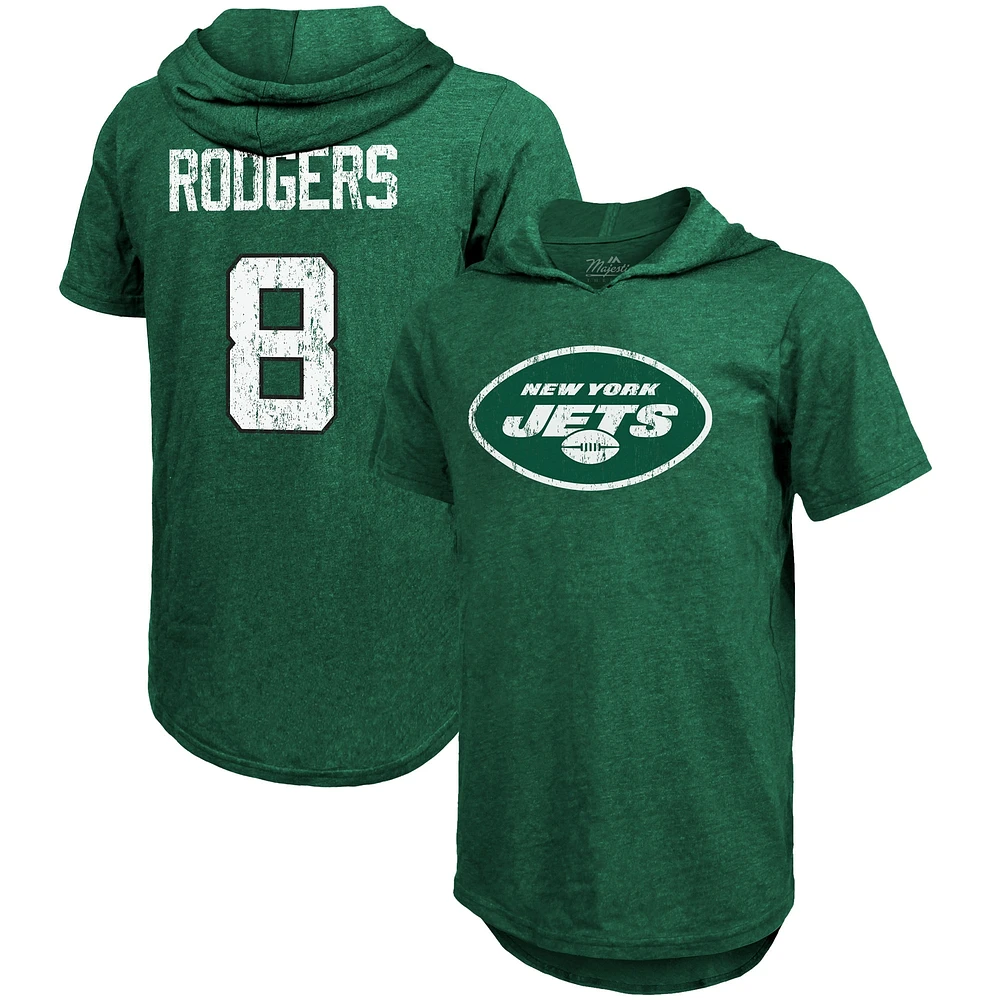 Majestic Threads pour homme Aaron Rodgers Vert New York Jets Nom et numéro du joueur T-shirt à capuche coupe ajustée en trois mélanges