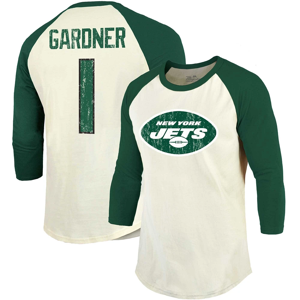 Men's Majestic Threads Ahmad Sauce Gardner Cream/Green New York Jets Player Name & Number Raglan 3/4-Sleeve T-Shirt