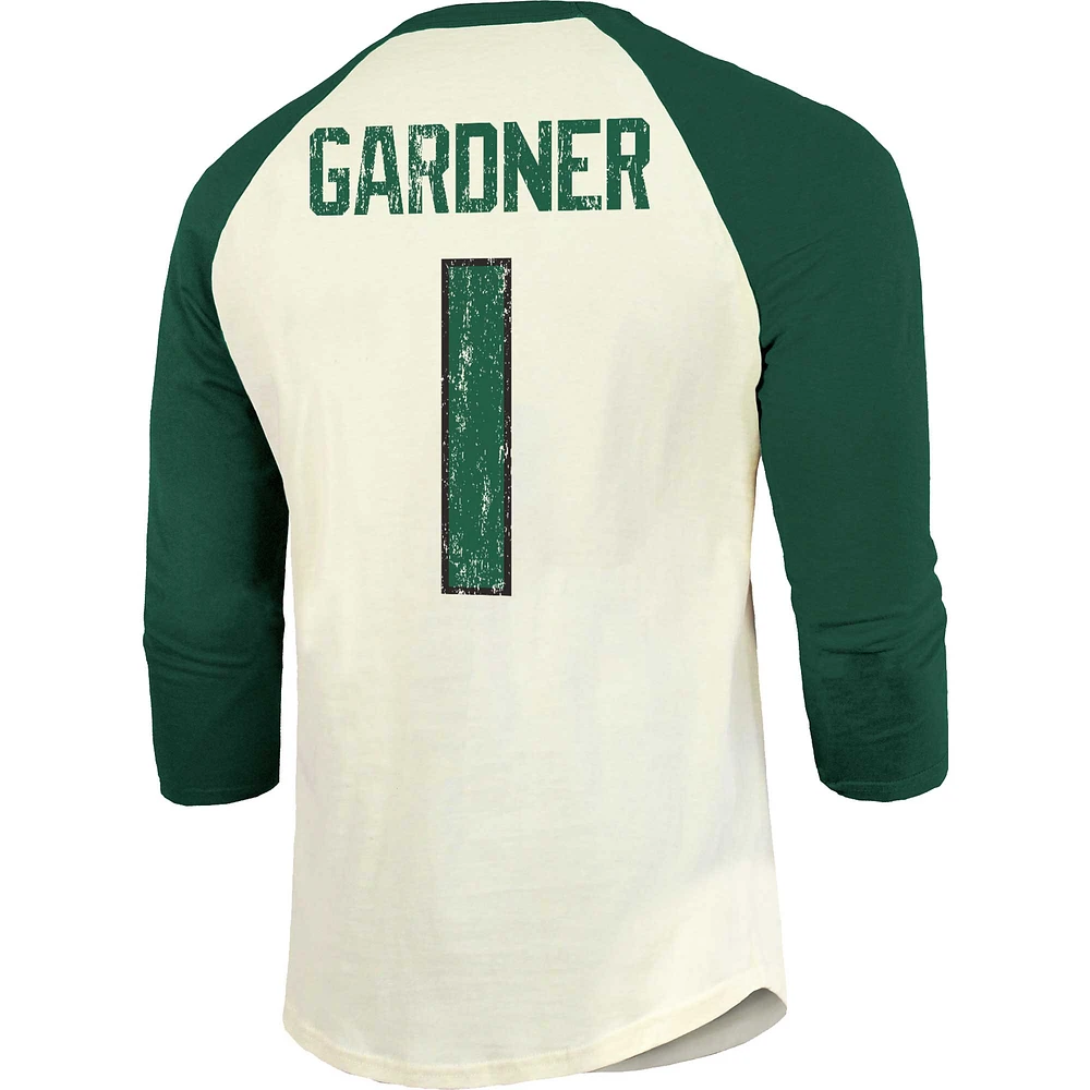 Men's Majestic Threads Ahmad Sauce Gardner Cream/Green New York Jets Player Name & Number Raglan 3/4-Sleeve T-Shirt