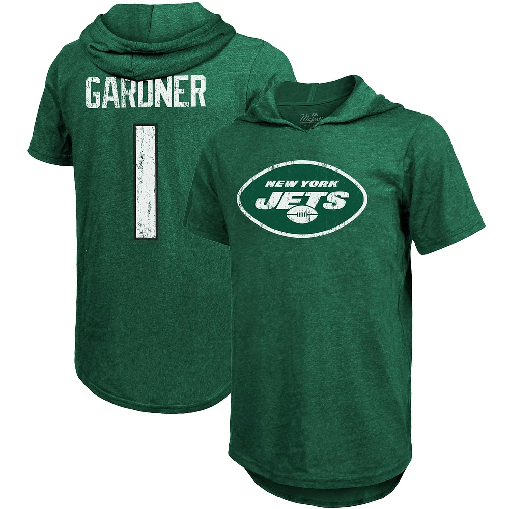 Majestic Threads Ahmad Sauce Gardner Heather Green New York Jets Nom et numéro du joueur T-shirt à capuche tri-mélange pour hommes