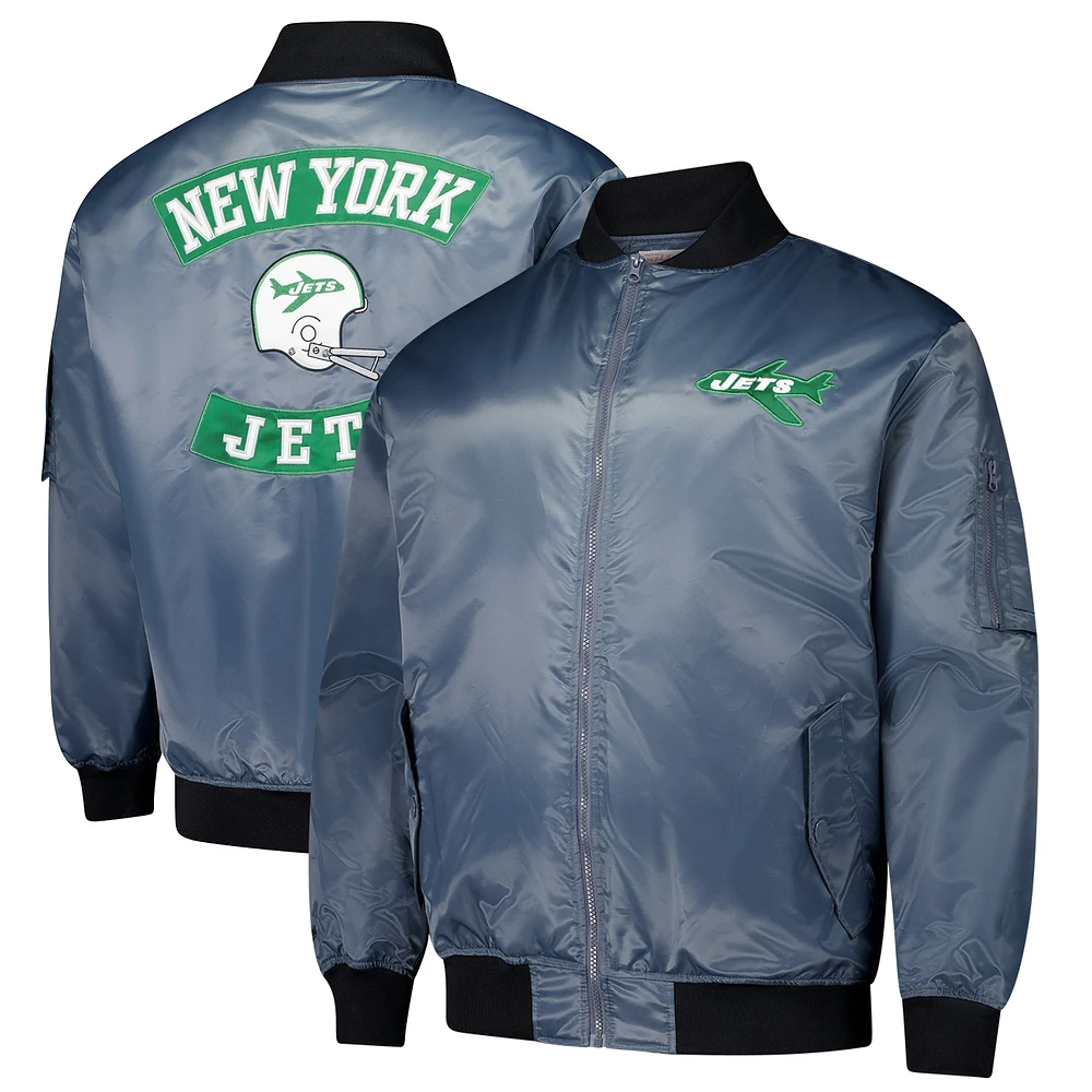 Veste aviateur zippée pleine longueur Mitchell & Ness anthracite New York Jets pour homme