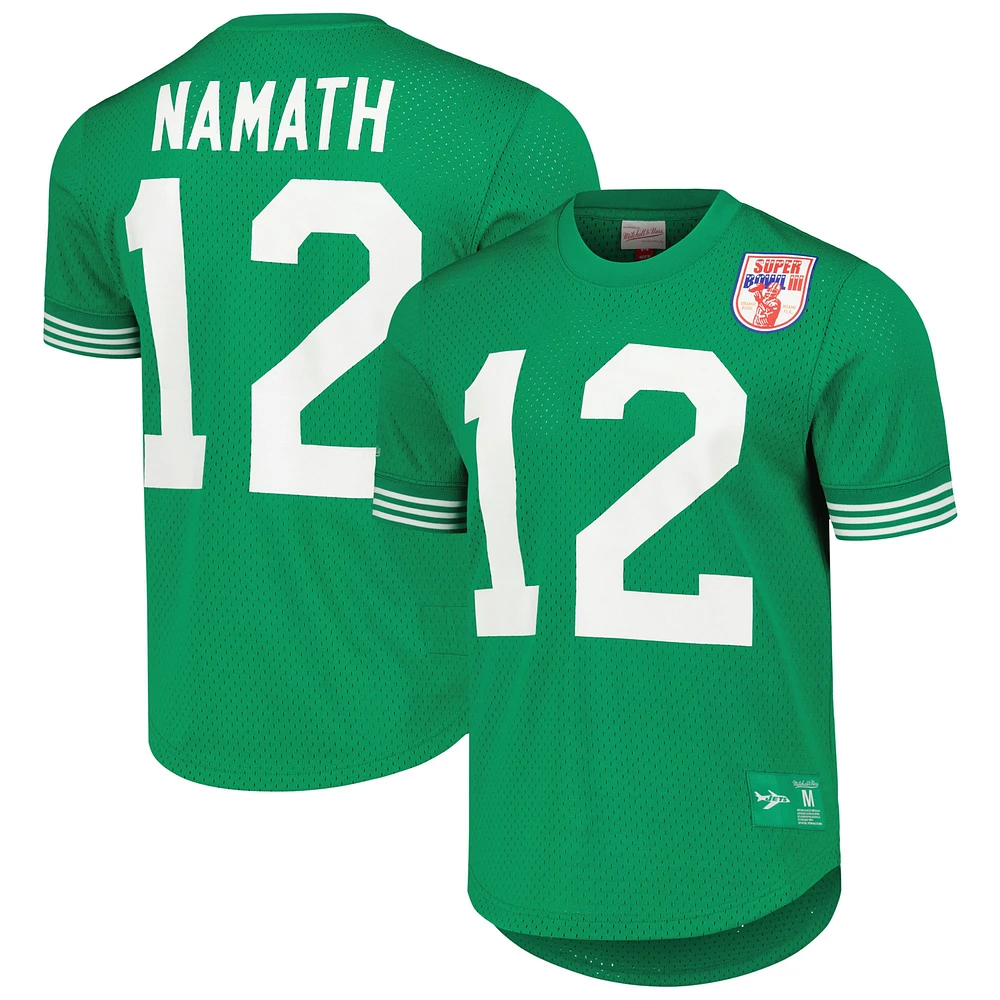 Haut en maille avec nom et numéro du joueur à la retraite Mitchell & Ness Joe Namath Kelly vert des Jets de New York pour homme