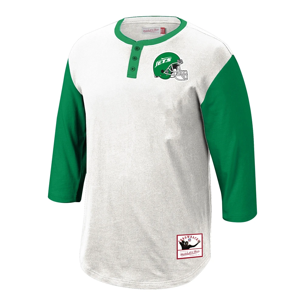 Men's Mitchell & Ness  White New York Jets Legacy Slub Henley 3/4 Sleeve T-Shirt