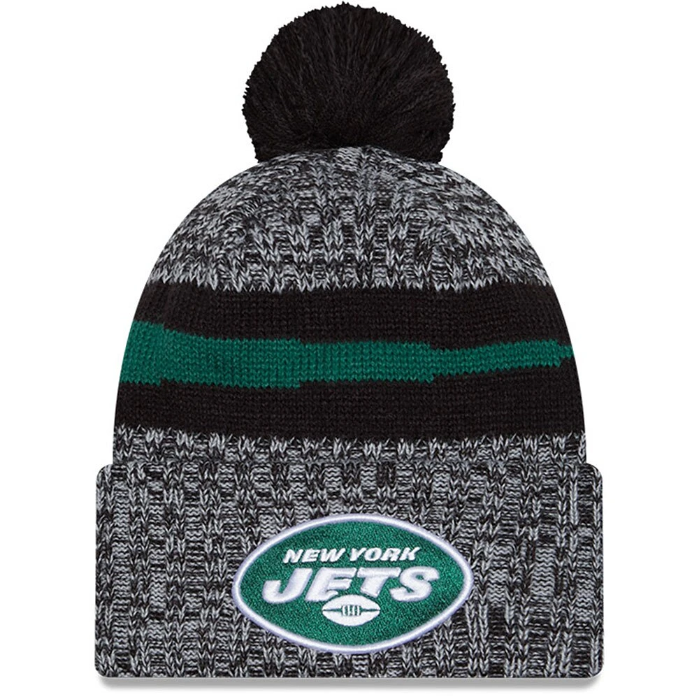 Bonnet en tricot noir à revers New York Jets 2023 Sideline pour homme avec pompon