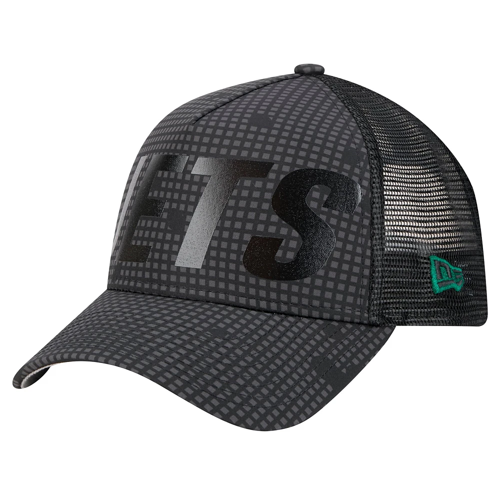 Men's New Era Black New York Jets Throwback Midnight Ink Tonal Text A-Frame Trucker 9FORTY Adjustable Hat