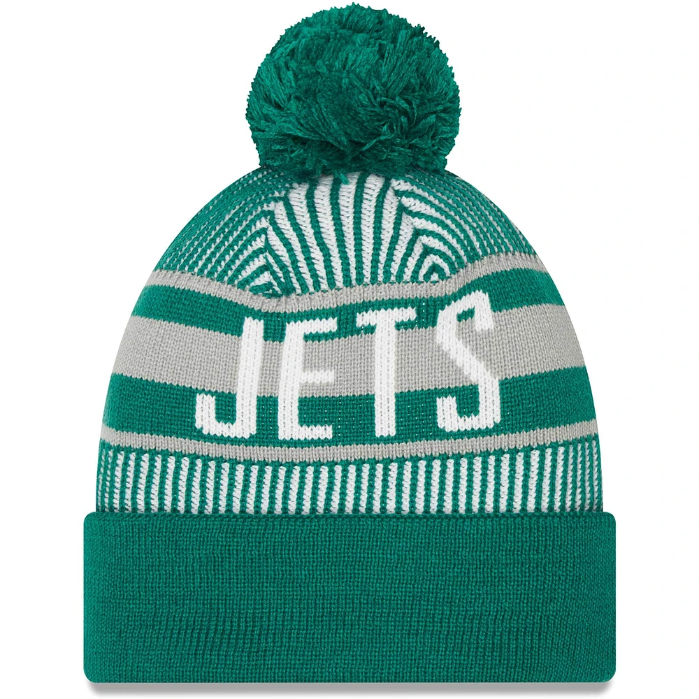 Bonnet en tricot à revers rayé New Era New York Jets pour hommes avec pompon vert