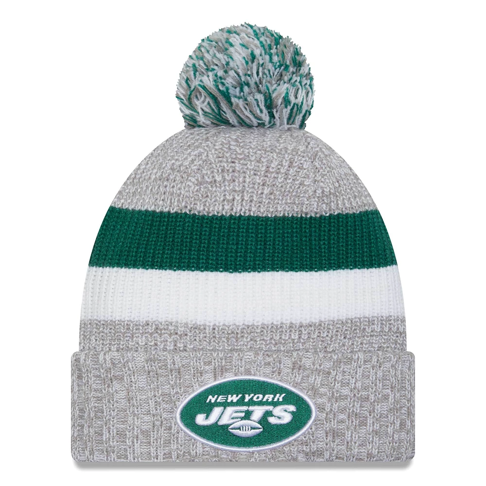 Bonnet en tricot à revers New Era New York Jets gris chiné pour hommes avec pompon