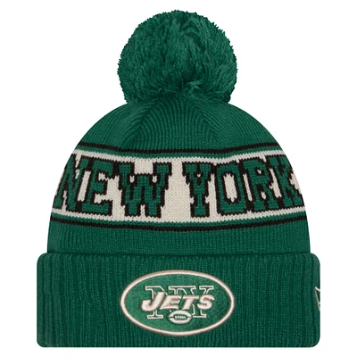 Bonnet en tricot à revers rétro New Era Kelly Green New York Jets avec pompon pour homme