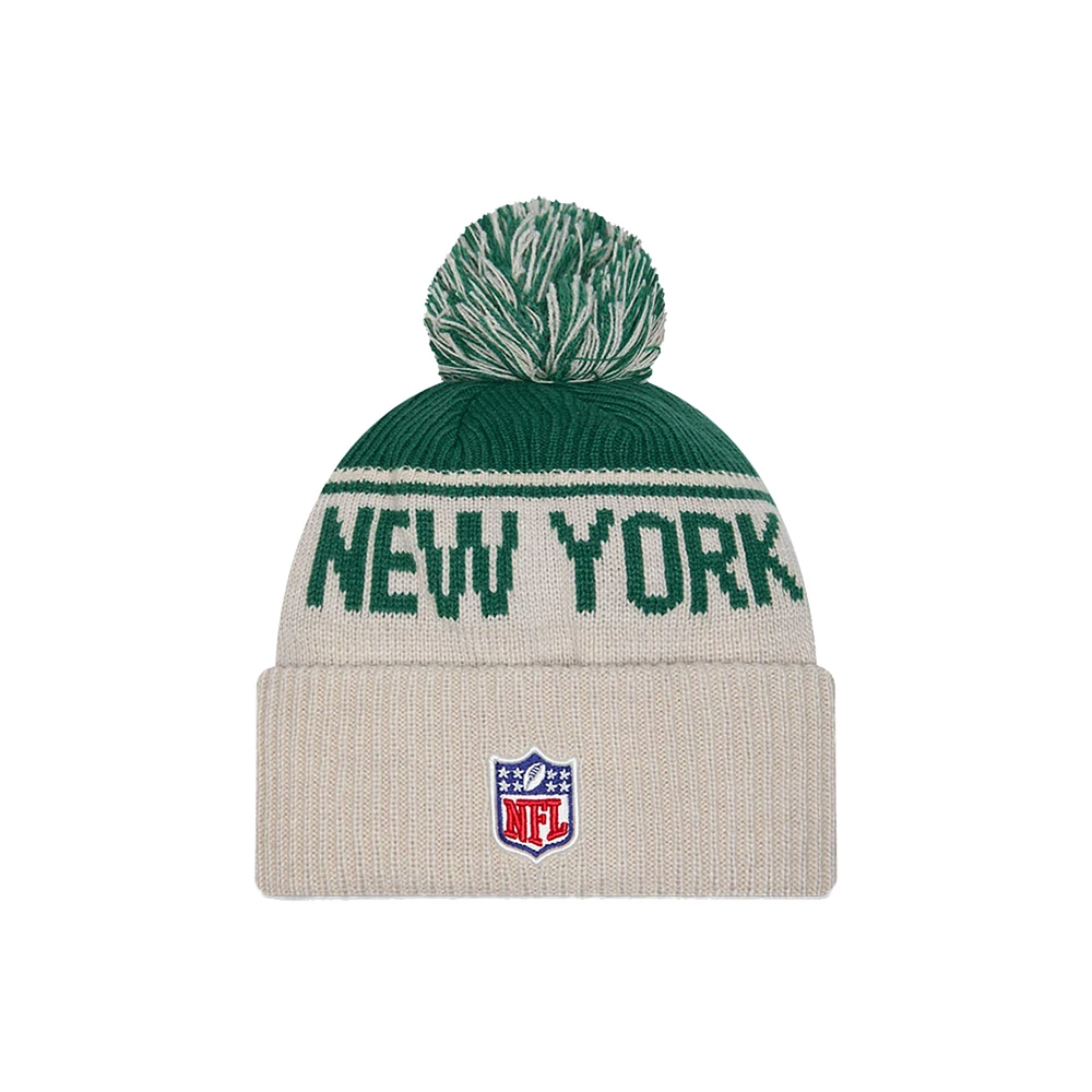 Men's New Era Stone New York Jets NFL Sideline Historic Cuffed Knit Hat with Pom