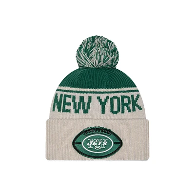 Men's New Era Stone New York Jets NFL Sideline Historic Cuffed Knit Hat with Pom