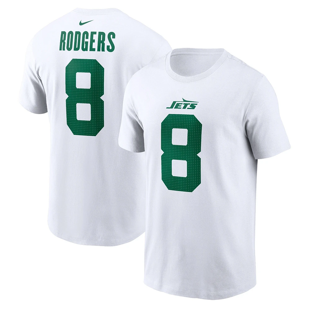 T-shirt Nike Aaron Rodgers pour hommes, blanc, nom et numéro du joueur Legacy des New York Jets