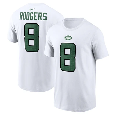 T-shirt Nike Aaron Rodgers pour hommes, blanc, nom et numéro du joueur des New York Jets