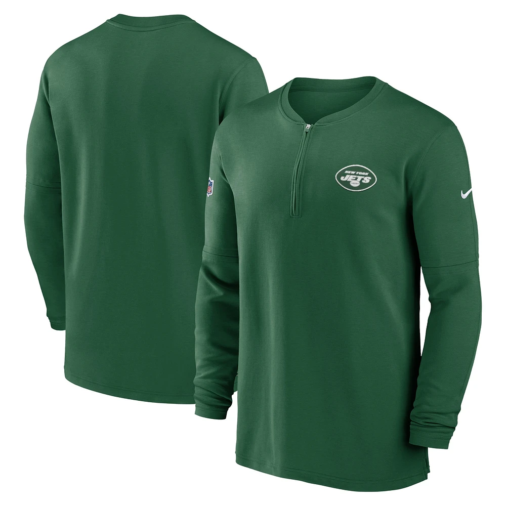 Haut Nike vert New York Jets 2023 Sideline Performance à manches longues tri-mélange et quart de zip pour homme