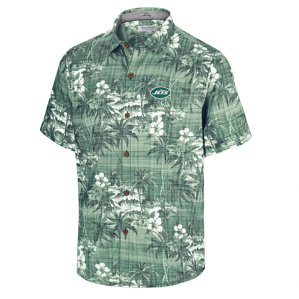 Men's Tommy Bahama Green New York Jets Coconut Point Isla Palmetta Camp Button-Up Shirt