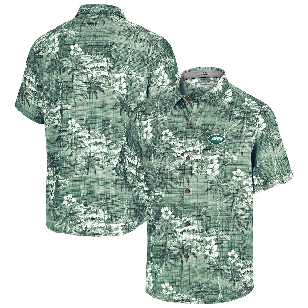 Men's Tommy Bahama Green New York Jets Coconut Point Isla Palmetta Camp Button-Up Shirt