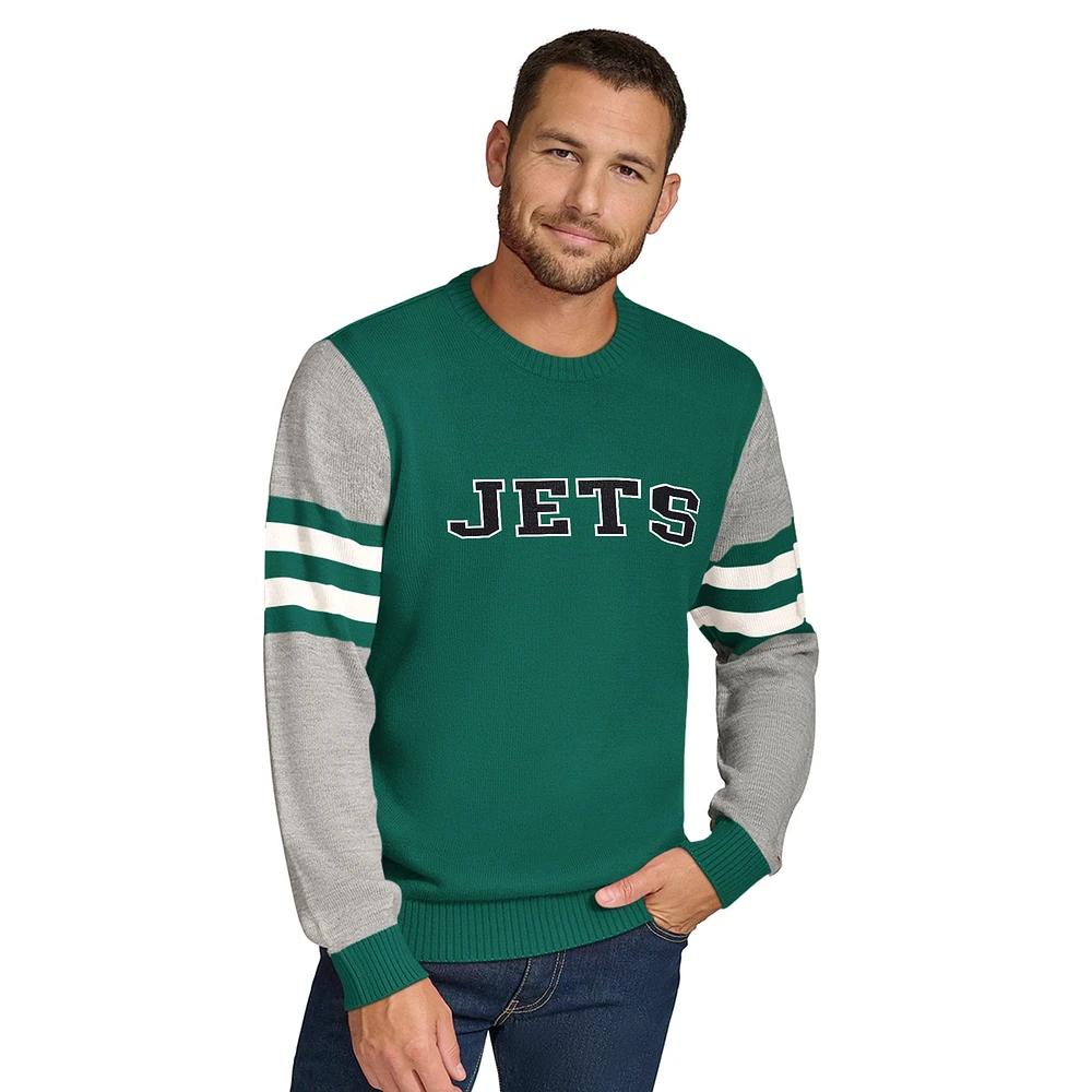 Men's Tommy Hilfiger Green/Heather Gray New York Jets Acrylic Crewneck Pullover Sweatshirt