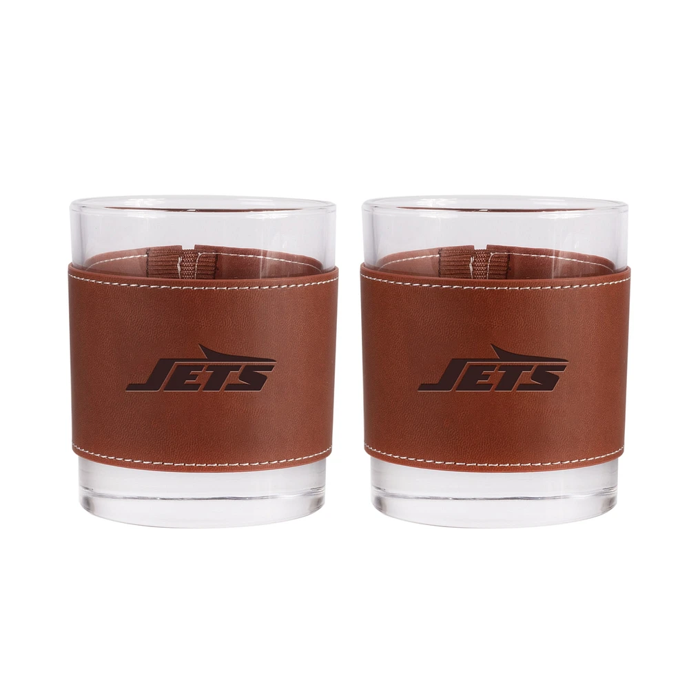 New York Jets 2-Pack 12oz Rocks Glass with Leather Wrap