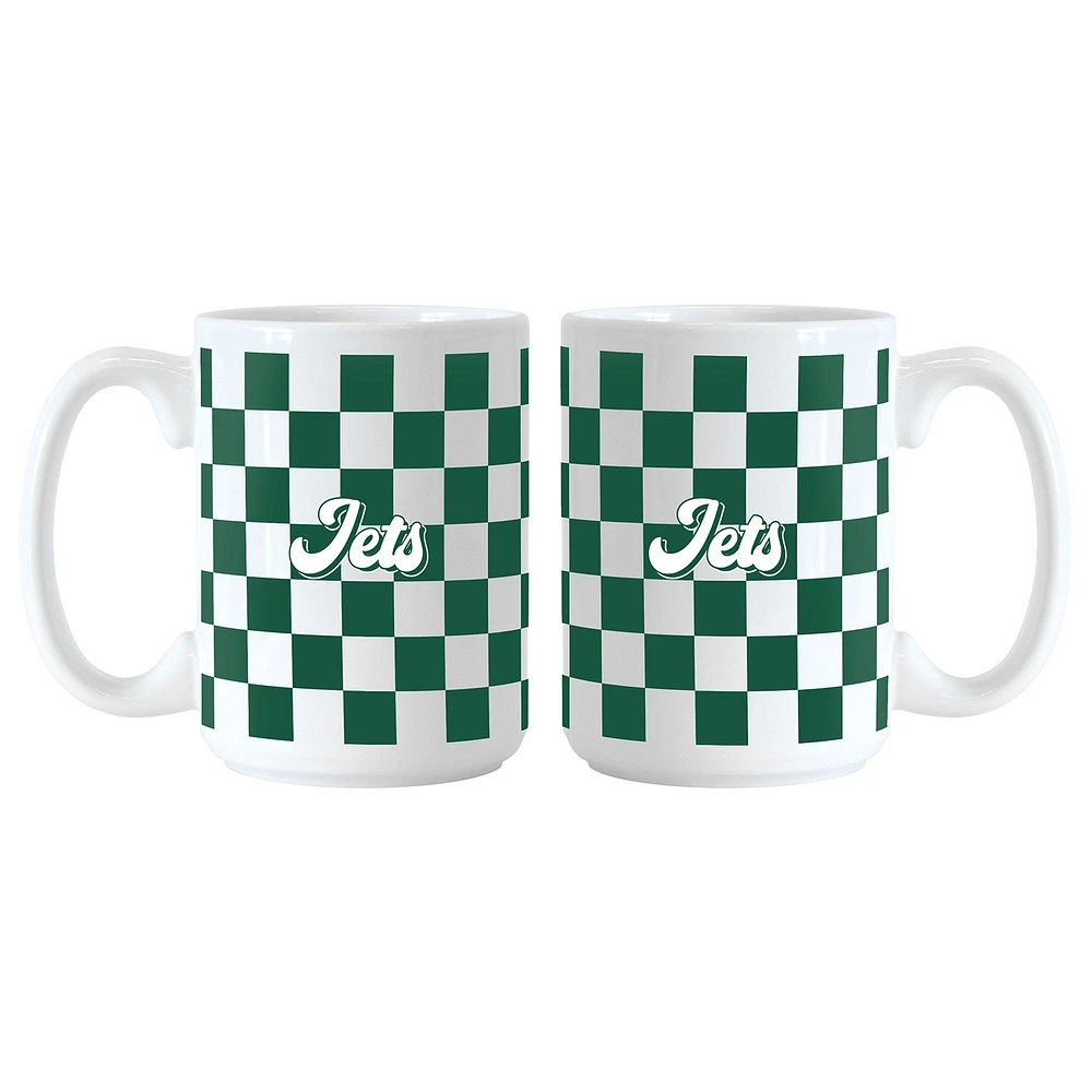 New York Jets 2-Pack 15oz. Checkered Wordmark Mug Set