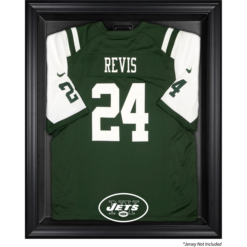Vitrine de présentation du maillot avec cadre noir et logo rétro des New York Jets 1998-2018