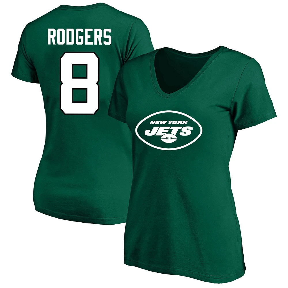 Aaron Rodgers Green New York Jets T-shirt à col en V pour femmes, grande taille, nom et numéro Fair Catch