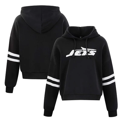 Women's Cuce Black New York Jets Cropped Sequins Pullover Hoodie